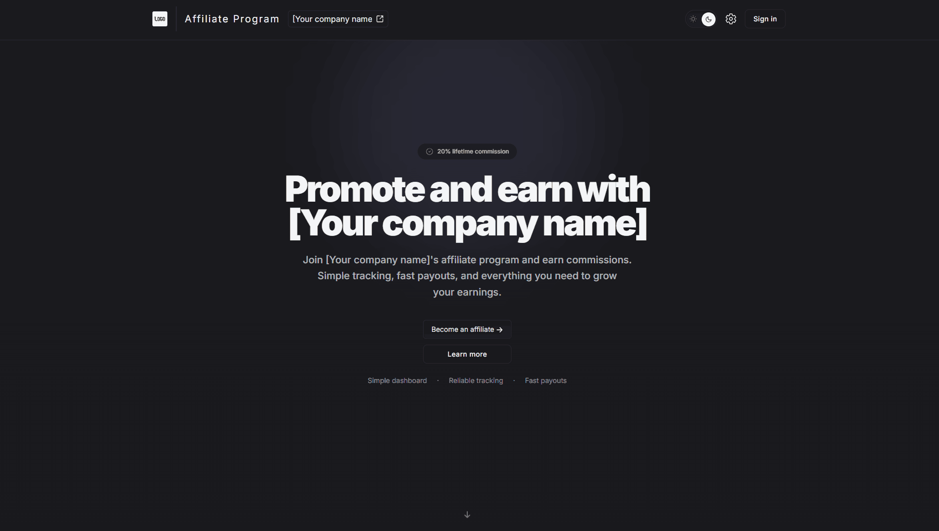 Affiliate recruitment landing page preview